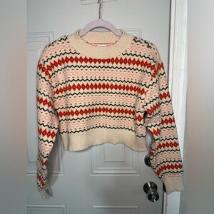 Sunday Best Fair Isle Cropped Sweater Cream Red Nordic Knit Size S